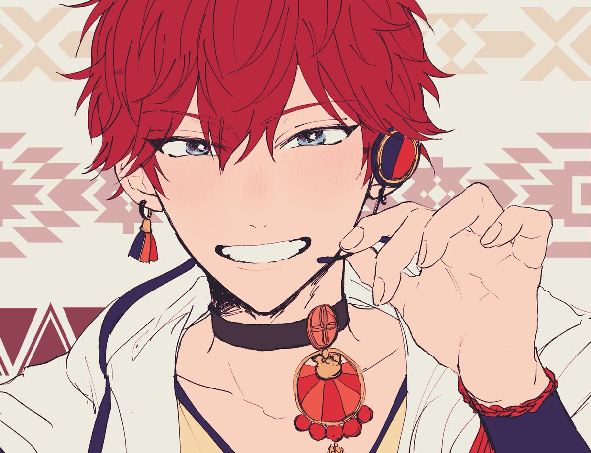 1boy male focus red hair solo smile jewelry looking at viewer  illustration images