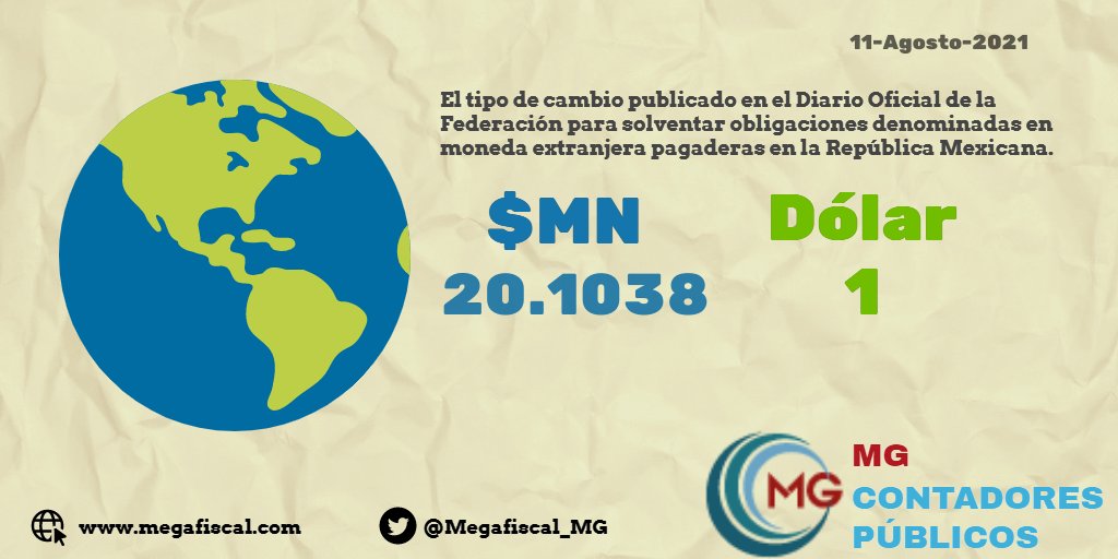 Megafiscal_MG's tweet photo. 11-08-21 Se publica @DOF_SEGOB el #TipoDeCambio es de $20.1038 por un #dólar de los EE.UU.A
Tasas de Interés Interbancarias de Equilibrio en moneda nacional a plazos de 28 y 91 días fueron de 4.5147 y 4.5860 por ciento, respectivamente.
#FelizMiércoles #BuenMiércoles https://t.co/aE70UPdJxc