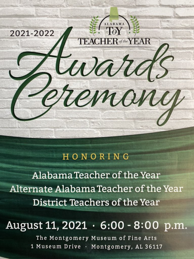 egmackey's tweet photo. Looking forward to meeting and honoring the 2021-22 District Teachers of the Year and naming the 2021-22 Alabama Teacher of the Year & Alternate Teacher of the Year tonight.
#ALTOY #WeTeachAL #education #teaching #AlabamaAchieves #EveryChildEveryChanceEveryDay https://t.co/V7wua4xbDs
