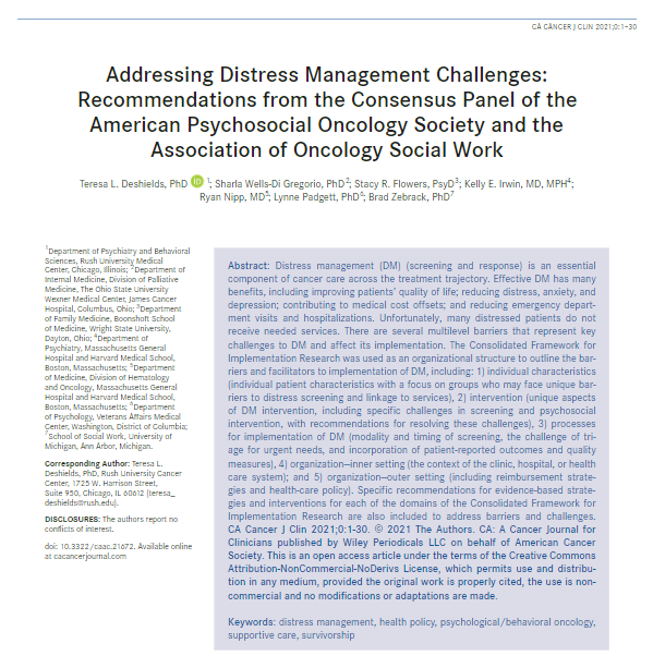 CACancerJournal's tweet photo. Addressing #DistressManagement challenges: Recommendations from the consensus panel of the @APOSHQ and the @oncosocialwork https://t.co/xCUezBg9n5 https://t.co/4O8fkenoVU