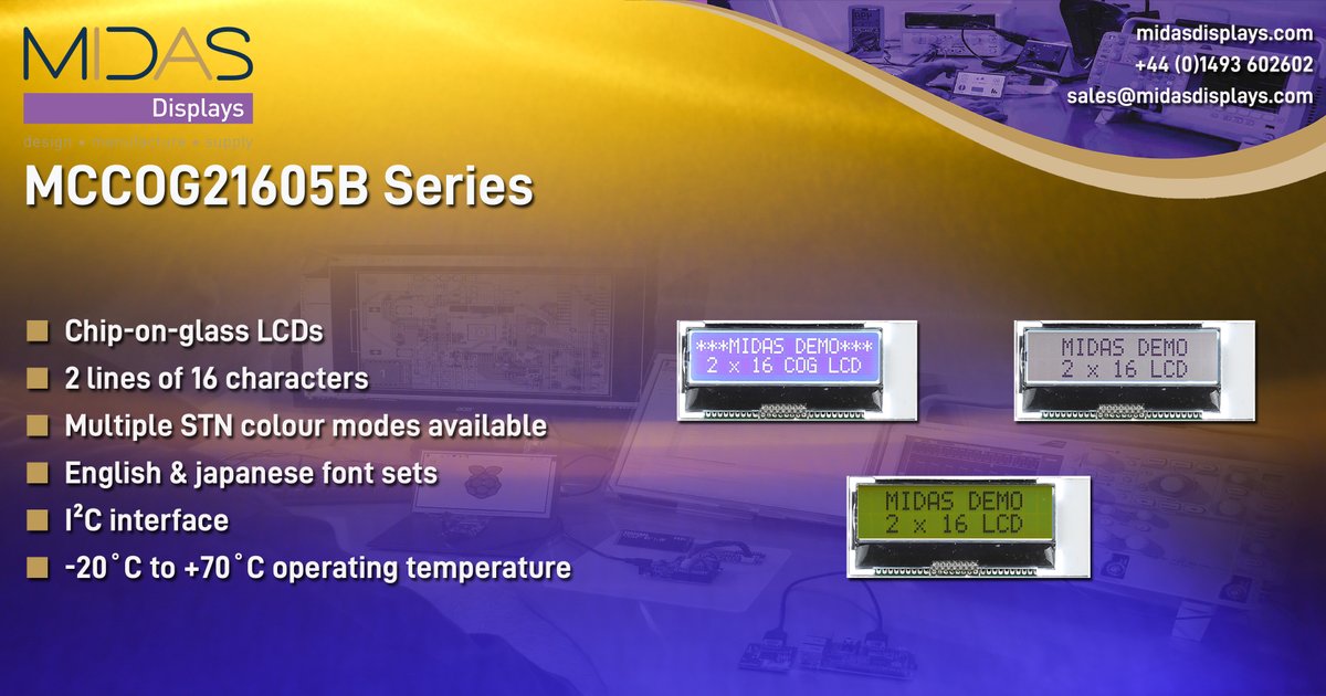 MidasDisplays's tweet image. 2x16 chip-on-glass character LCDs 📸

Our MCCOG21605B series is very popular, and we have more stock coming 🔜 

If you are looking for immediate stock on this series, you may find some through our online distributors ℹ️

#DisplaySolution #LCD #COGLCD
