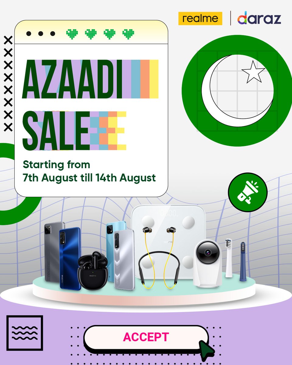 pakistan_realme's tweet photo. Hey realme Family! Still thinking to avail discounts up to 30% off on your favorite #realmeSmartphones & #AIoTs from Azaadi Sale on Daraz? Hurry up, it's going to end in just 3 days. Visit this link for more products: https://t.co/Kej5eKTcFW
#DarazAzaadiSale #realme #DareToLeap https://t.co/6pa5G10QTE