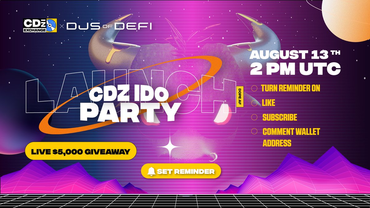 CDz LAUNCH PARTY🎉

LIVE-REALTIME $5,000 IN $CDZ GIVEAWAY
+300 WINNERS 🎟

COMPLETE STEPS TO ENTER ⬇️
1)Turn🔔'Set reminder' on for livestream🔔
2)Like &amp; Subscribe👍
3)YouTube comment your BSC wallet address🎲
4)Retweet this Tweet📀

Link to Livestream ➡️ bit.ly/3yDUUPb