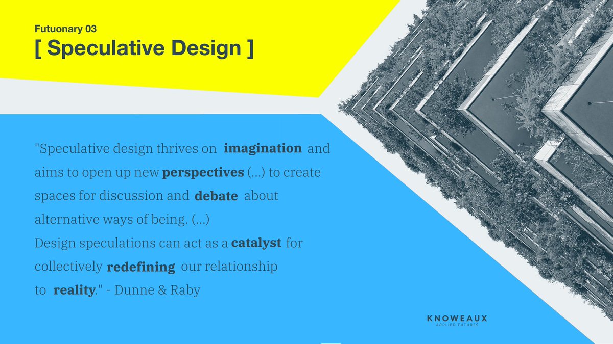 One of the building blocks of Knoweaux's practice is #SpeculativeDesign.  It's 1 of the tools we used to develop our #FutureModeling Framework &amp; an essential step in any consultancy and project. We truly believe in the power of collective #imagination and #utopias as #inspiration