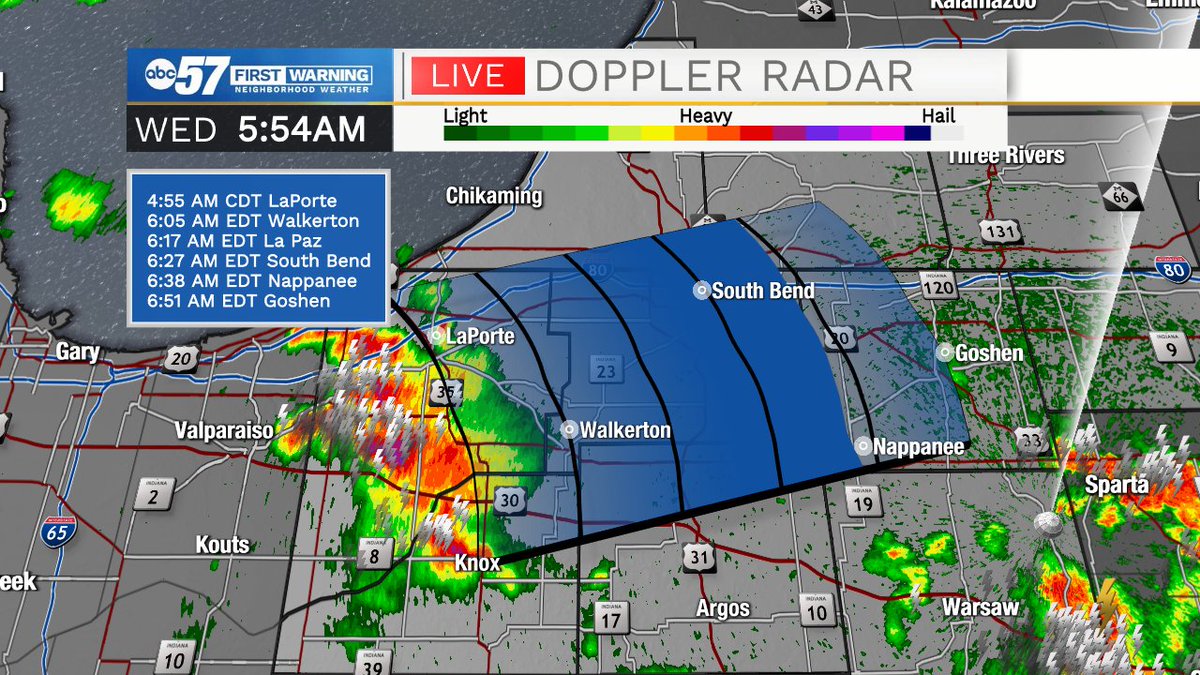 EmilyKennedyWX's tweet photo. Tracking a strong storm this morning - its in LaPorte Co. and moving ENE.
Wind gusts up to 50mph, heavy rain and hail are all possible with it. It's head towards areas like North Liberty, South Bend and Mishawaka. I'm tracking it LIVE on @ABC57News. #inwx #strongstorm https://t.co/8nwg8M8E2I