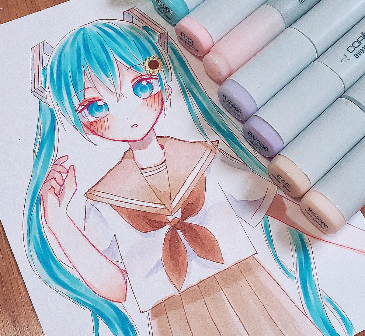 hatsune miku 1girl traditional media solo hair ornament skirt long hair twintails  illustration images