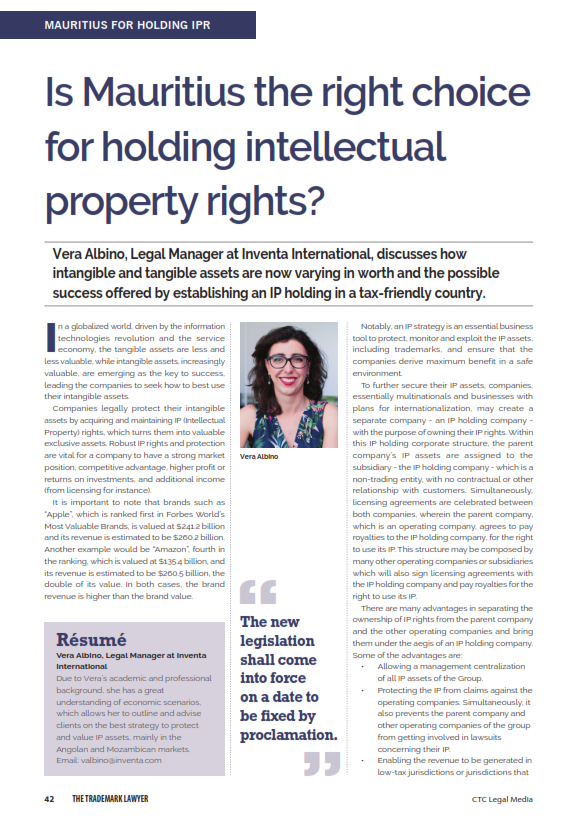 inventa_com's tweet photo. Having in mind the higher number of companies investing in #Africa, Vera Albino reveals in the last issue of The Trademark Lawyer Magazine some benefits and considerations when establishing an #IP holding company in #Mauritius.
#InventaInternational #IntellectualProperty https://t.co/3aqOjPLXQg