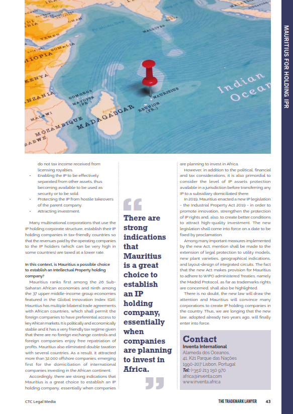 inventa_com's tweet photo. Having in mind the higher number of companies investing in #Africa, Vera Albino reveals in the last issue of The Trademark Lawyer Magazine some benefits and considerations when establishing an #IP holding company in #Mauritius.
#InventaInternational #IntellectualProperty https://t.co/3aqOjPLXQg