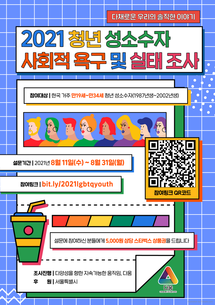 <2021년 청년 성소수자 사회적 욕구 및 실태 조사>

청년 성소수자 설문조사에 참여해주세요

설문에 참여하시면 5,000원 상당 스타벅스 상품권을 드립니다

대상: 만19세 이상 만 34세 이하 청년 성소수자 누구나 (1987~2002년생)
기한: 8월 11일(수)부터 31일(화)까지
링크: bit.ly/2021lgbtqyouth