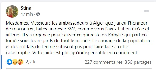 🔴 Incendies en #Kabylie : la chanteuse #Stina lance à un appel à l'aide