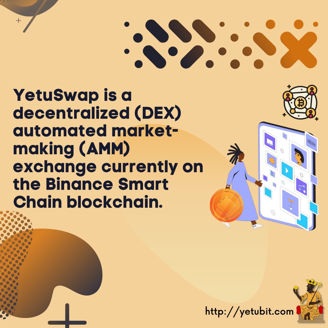 yetuswap's tweet photo. YetuSwap is a decentralized (DEX) automated market-making (AMM) exchange currently on the Binance Smart Chain blockchain.
#yetu #yetucoin #yetubit #yetuswap #binance #DEX #AMM #blockchain https://t.co/L2OtpE2Ktj