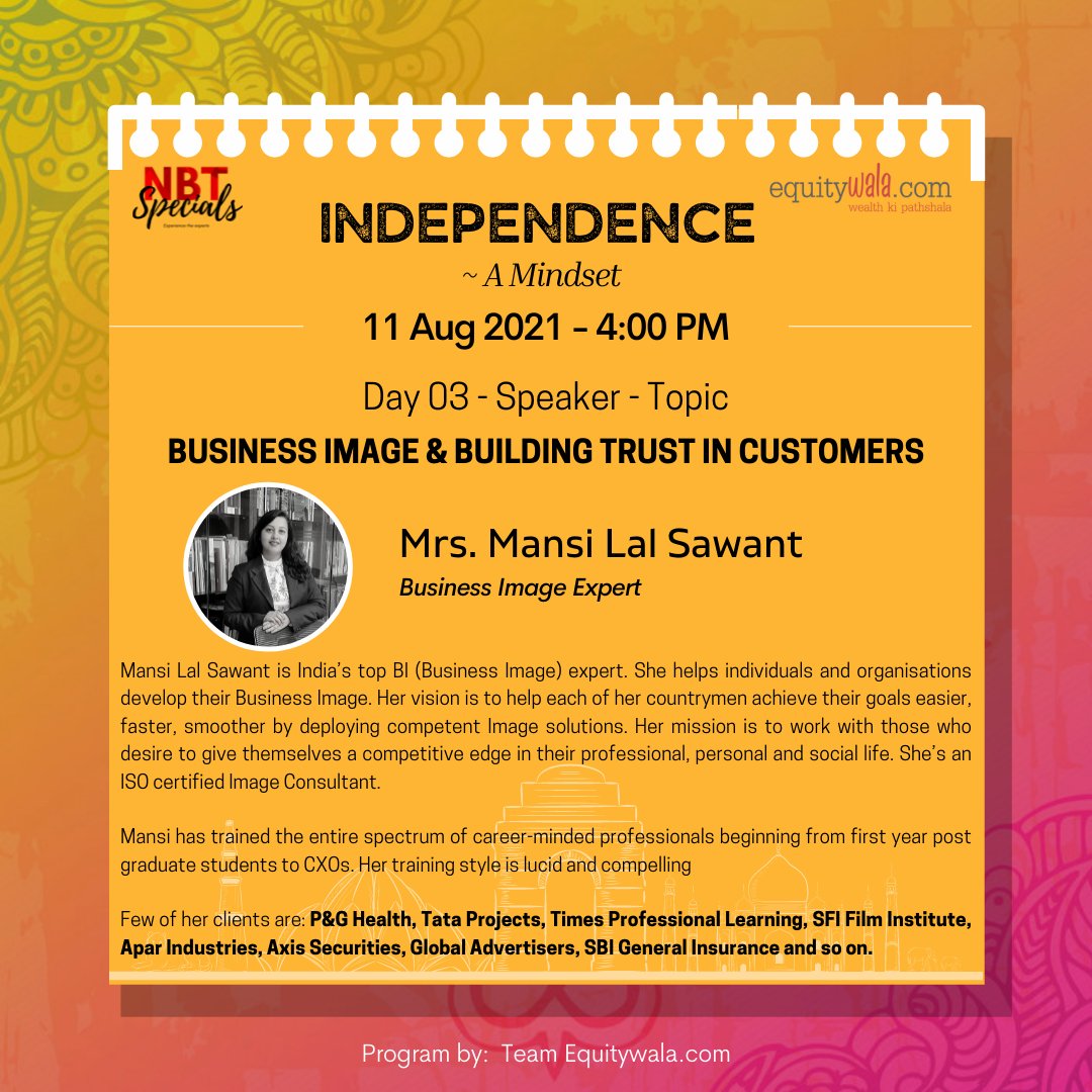 Day 3 of the Freedom week! And we have Mrs. Mansi Lal Sawant to talk about the Importance of a business Image, Who better than an Expert? when it comes to learning how to build the client's trust. 
Exclusively for NBT Partners. 

#freedomweek #businessImage