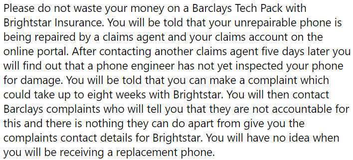 FeetLikeFins's tweet photo. @BarclaysUK @Brightstar Another dissatisfied customer using Barclays Tech Pack with Brightstar Insurance. https://t.co/oTGKc2IB9j