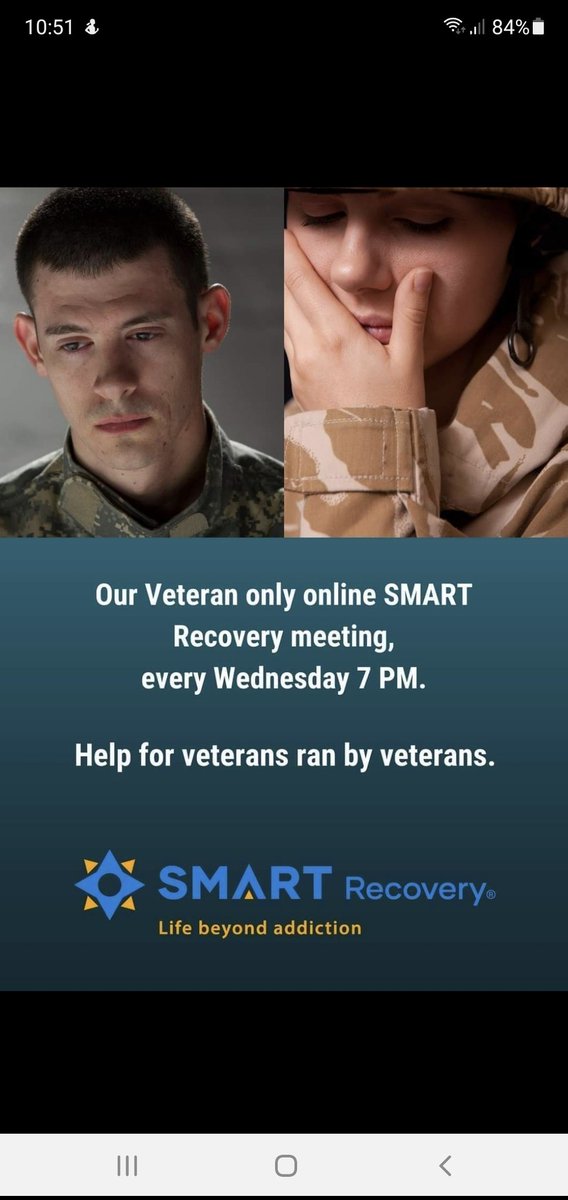 Tonight on zoom veterans only meeting. Don't suffer in silence.
#SMARTveterans #lifebeyondaddiction #iamsmartrecovery #veterans #zoom #wednesdaythought #change #veteranbanter