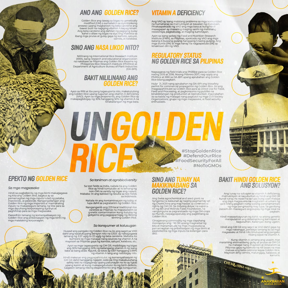 anakbayan_ne's tweet photo. BASAHIN: Ano ang Golden Rice at bakit ito ay lason hindi lamang sa taniman at katawan kundi maging sa kabuhayan ng mga magsasaka?
#StopGoldenRice
#DefendOurRice
#FoodSecurityForAll
#NoToGMOs https://t.co/7lTsJkbqFP
