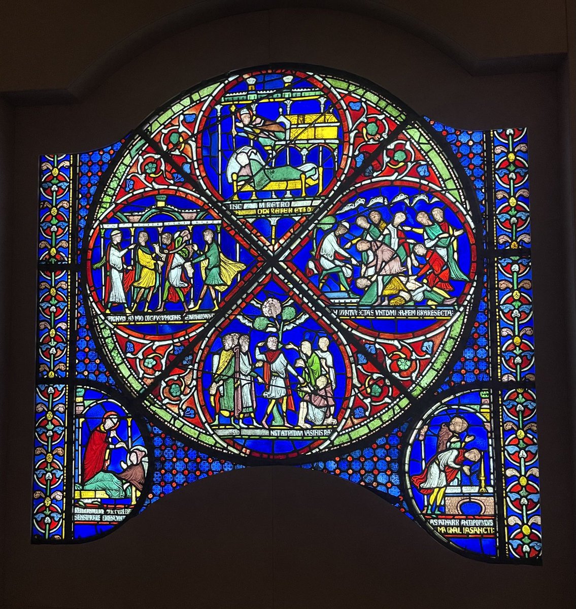 CllrECarpenter's tweet photo. Enjoying the Becket exhibition at the British Museum. The window from Cantebury Cathedral shows gory mutilation of a drunken peasant accused of theft and healed by Becket appearing in a vision. See the exhibition to find out more… https://t.co/Qamu5uUgNt