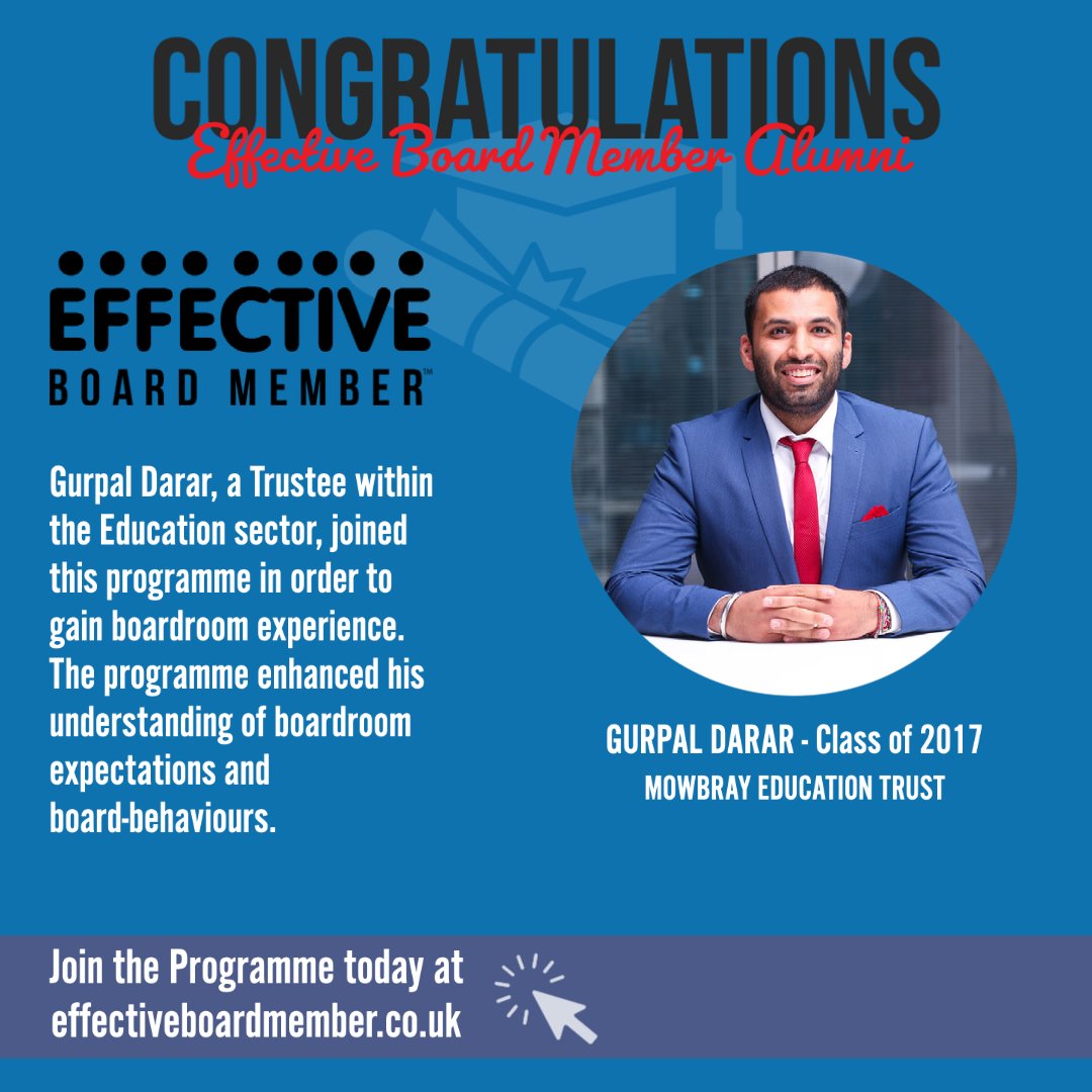 We are continuing to celebrate some of our  EBM Allumni who have gone on to be appointed to boards.

Today let's celebrate Gurpal Darar who is serving as a board member at Mowbray Education Trust. Massive Congratulations!!!

Learn more by visiting effectiveboardmember.co.uk
