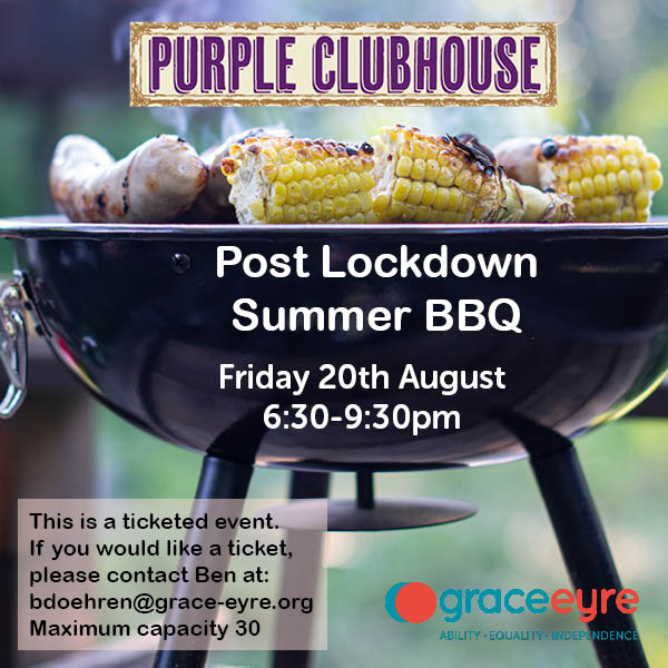 Book your place at Purple Clubhouse's Post Lockdown Summer BBQ!  🌞

📅 Friday 20 August 2021
🕢 6:30 pm to 9:30 pm
🏚️ Grace Eyre, 36 Montefiore Road, Hove BN3 6EP
💷 Free

Email bdoehren@grace-eyre.org for tickets

@TeamDomenica  @StayUpLateUK  @AmazeSussex  @stjohns_sussex