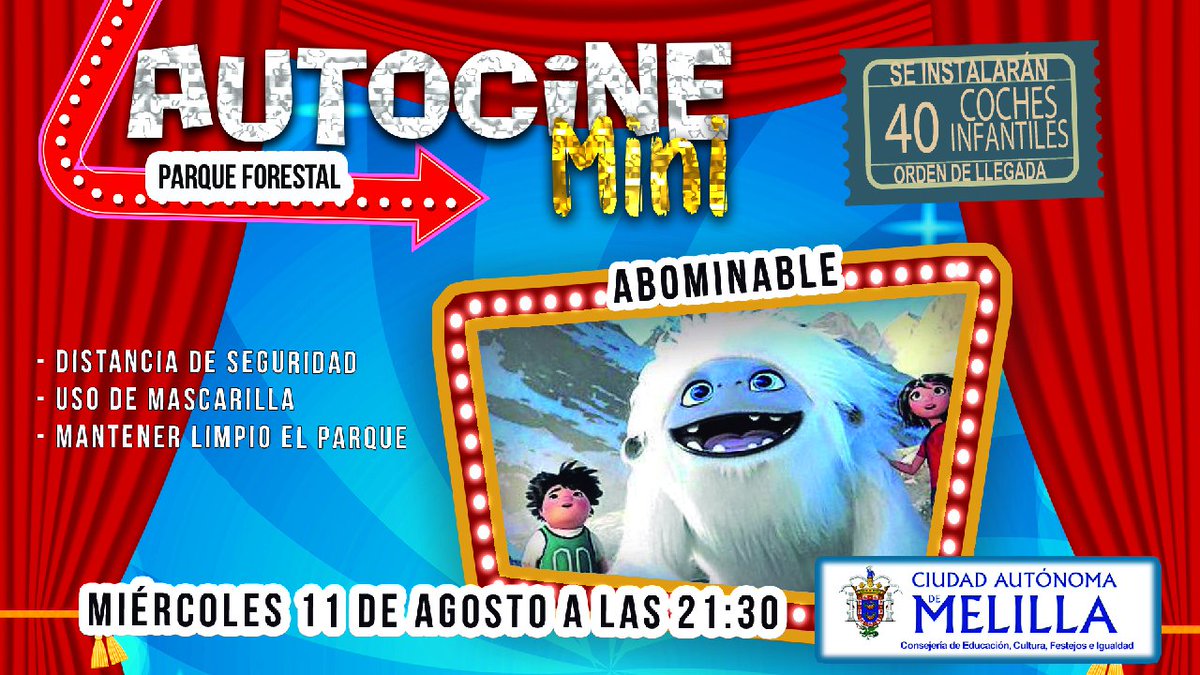 Cultura Melilla (@cultura_melilla) on Twitter photo Vuelve el Autocine Mini en el Parque Forestal. Hoy miércoles a las 21:30h: “Abominable”. Os esperamos para disfrutar de una noche fantástica.
#AutoCine #Melilla #Cultura #Cine #Verano <a href="/l_circe/">Elena Fernández Treviño</a> Vuelve el Autocine Mini en el Parque Forestal. Hoy miércoles a las 21:30h: “Abominable”. Os esperamos para disfrutar de una noche fantástica.
#AutoCine #Melilla #Cultura #Cine #Verano <a href="/l_circe/">Elena Fernández Treviño</a>