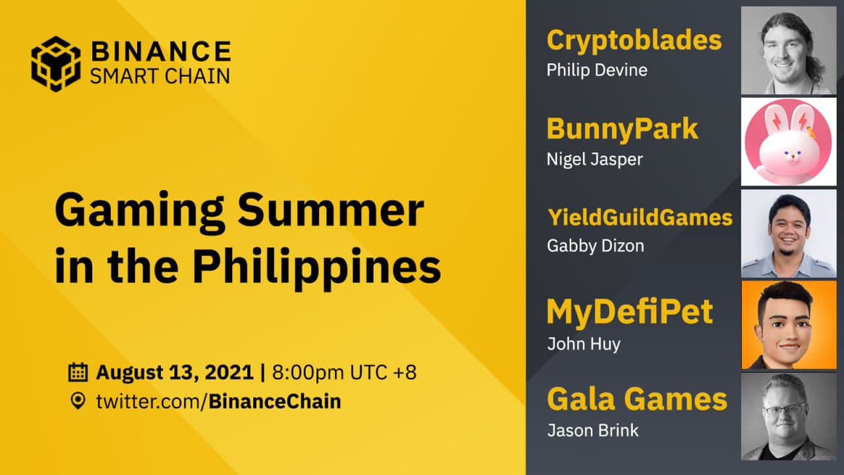 #BSC #Gaming Summer in the Philippines

Hear industry experts discuss the implications of Gaming, why they matter, and how to participate? <a href="/BladesCrypto/">Crypto Blades</a> <a href="/YieldGuild/">Yield Guild Games</a> @MyDeFiPet <a href="/GoGalaGames/">Gala Games</a> <a href="/BunnyPark_BSC/">BunnyPark</a> 

Event Details: bit.ly/37vCsfL
BSC PH TG: t.me/BSC_Filipino