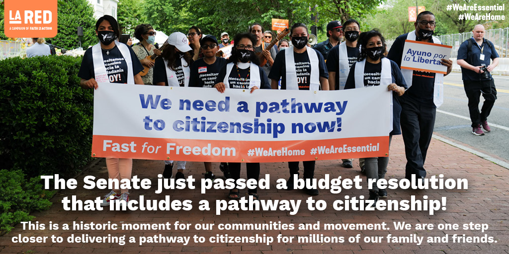 FIAliberation's tweet photo. Senate Democrats approved a $3.5 trillion budget resolution this morning with a pathway to citizenship for millions of immigrants!! We are one step closer to delivering a pathway to citizenship for Dreamers, TPS holders, farm workers &amp; essential workers #WeAreEssential #WeAreHome https://t.co/iltrUBDFqb