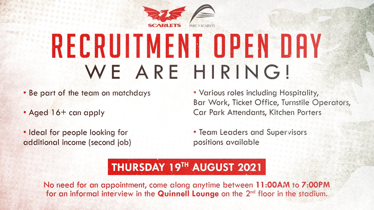 📣 We are hiring 

Be part of the fantastic team at Parc y Scarlets
Come down to our open day on Thursday 19th of August in the Quinnell Lounge from 11am-7pm