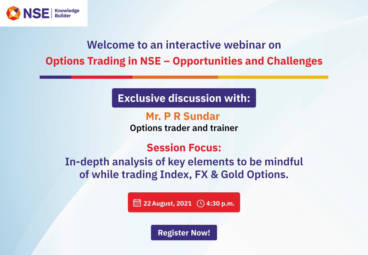 NSEIndia's tweet image. #InvestorBenefit has been core to #NSE. So here’s an exclusive webinar to help you gain invaluable knowledge on #OptionsTrading from renowned Options Trader Mr. @PRSundar64 Register now bit.ly/nseoptions 
#InvestorAwareness #IndexTrading #GoldOptions #FxTrading #Commodities