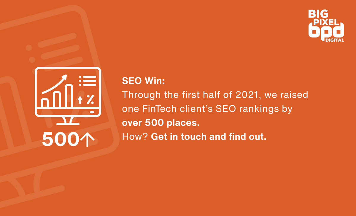 WeAreBigPixel's tweet photo. Started from the bottom now we're...

SEO can be a long process, with the impacts often only felt 4-6 months after a keyword is targeted. Be patient, be targeted and trust the process.

#agency #seo #fintech #startup #scaleup #toptips #fintechwin #seotips https://t.co/ck4udtFX8L