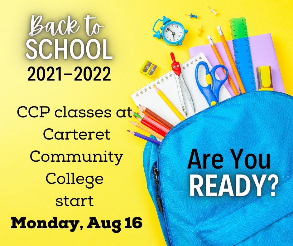 𝐑𝐞𝐦𝐢𝐧𝐝𝐞𝐫--All CCP (dual enrollment) students classes START <a href="/CarteretCC/">Carteret CC</a> Monday, Aug 16! Welcome Back! #CTETheHotTopic #careerready #BrighterTogether <a href="/CarteretK12/">Carteret County Public School System</a> <a href="/lee_a_oneal/">Lee O'Neal</a> <a href="/CTEforNC/">NC Career and Technical Education</a>