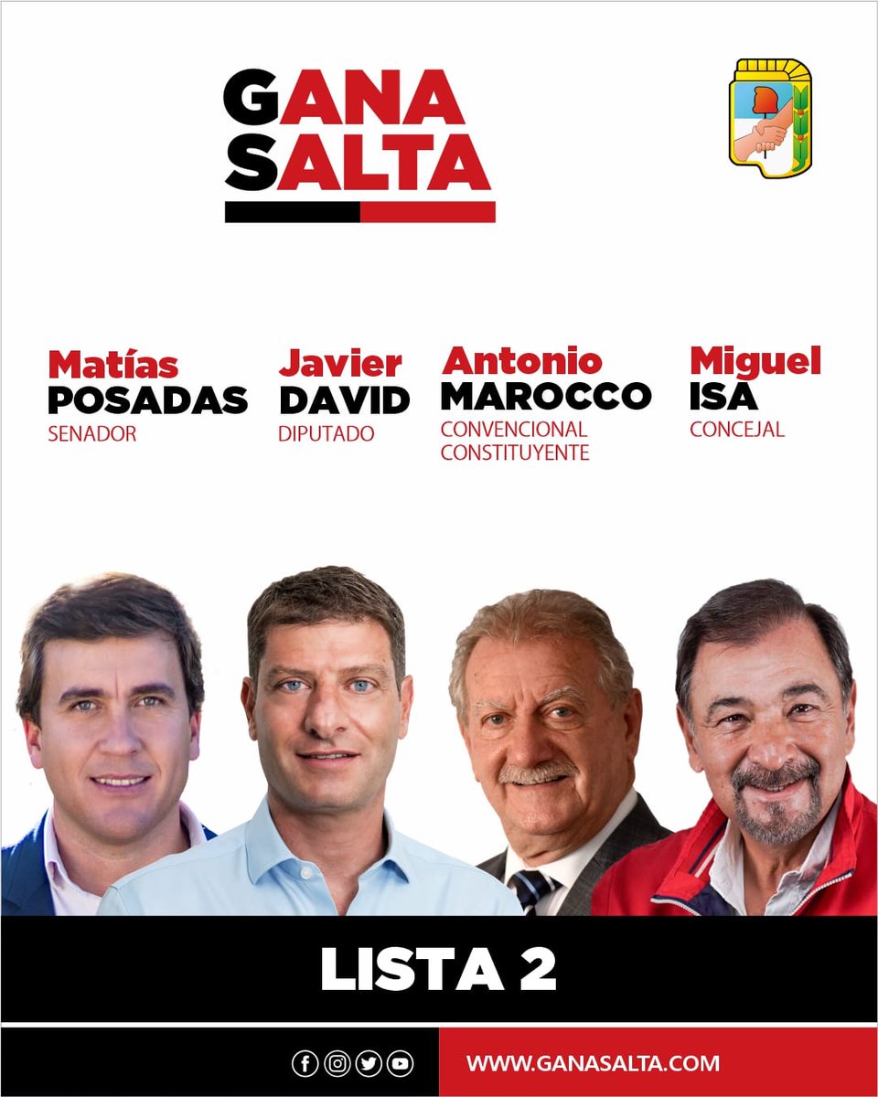 🗳El 15 de agosto, elegí a los candidatos de #GanaSalta.

🗳Vota la Lista N° 2- Partido Justicialista: Matías Posadas, Senador Provincial; Javier David, Diputado Provincial; Antonio Marocco, Convencional Constituyente y Miguel Isa, Concejal por Capital.

#GanasVos #GanaCapital