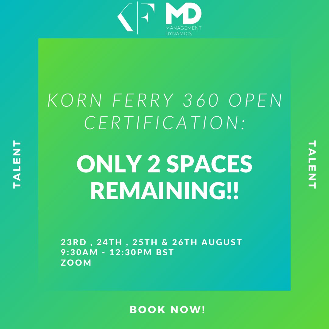 Mgt_Dynamics's tweet image. We have 2 remaining places available on our next Korn Ferry certification. To find out more and to book your place, follow the link.

#kornferry #talent #certification

bookwhen.com/management-dyn…