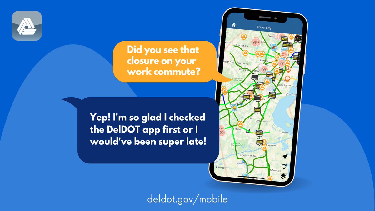 DelawareDOT's tweet photo. #WednesdayWisdom: Checking the #DelDOTApp before your commute could save you from frustration and extra travel time. View the travel map for real-time closures, incidents, projects and more.

⭐📱Check out https://t.co/rki4LrT0Ou to learn more about all the great features! https://t.co/Kk94rHmvbR