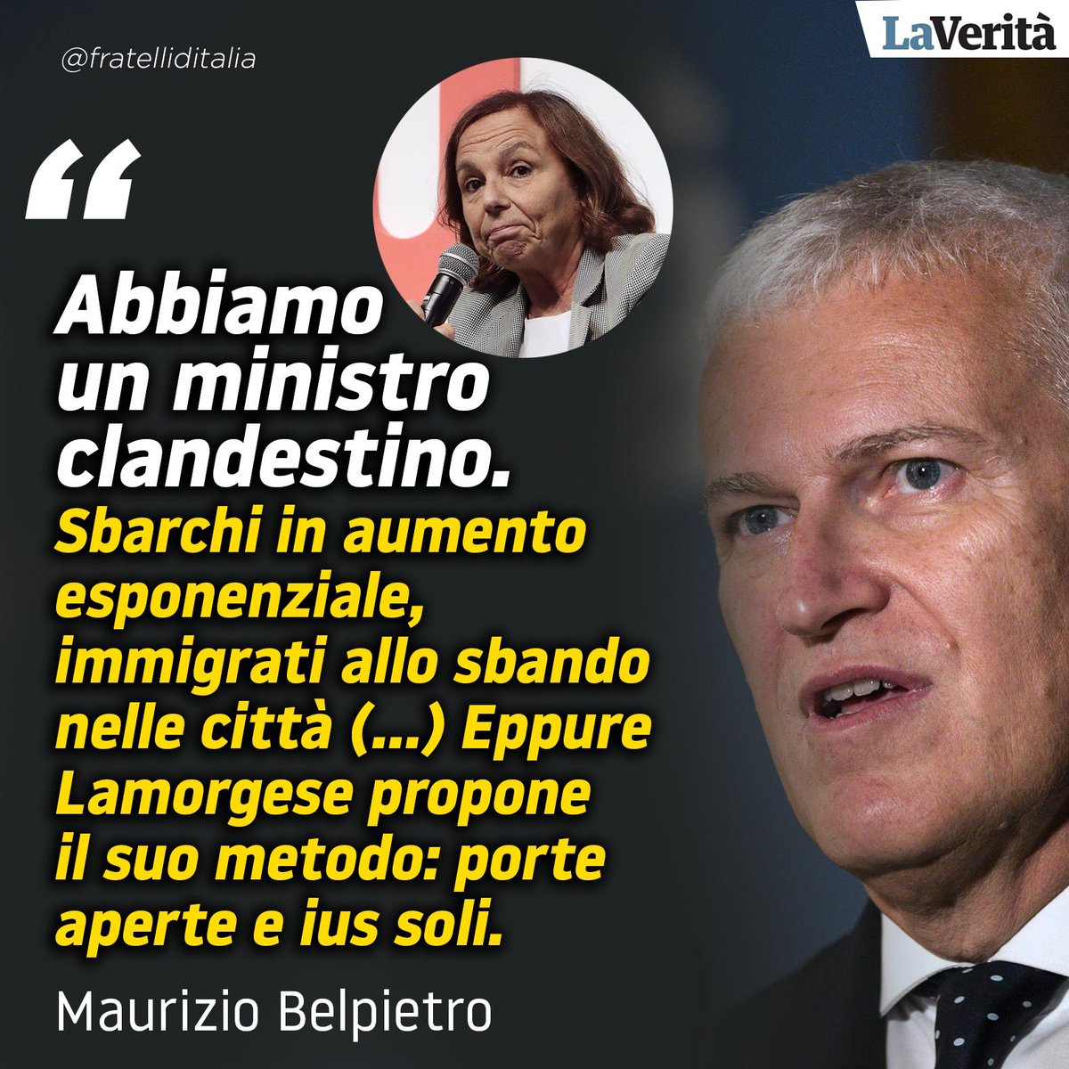 GiorgiaMeloni's tweet photo. “In pratica, invece di tenere a bada i clandestini e rispedirli a casa loro, come dovrebbe fare il responsabile dell’ordine pubblico di un paese normale, la responsabile del Viminale se ne fa portavoce”.  Bravo direttore Belpietro 👏 https://t.co/KfjP1c4TMS