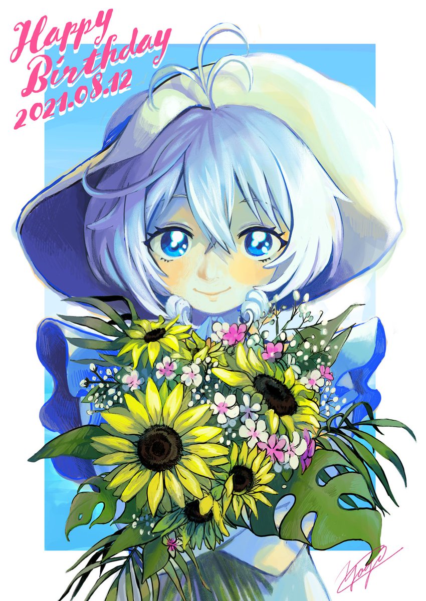 siro (dennou shoujo youtuber siro) 1girl flower smile blue eyes sunflower solo antenna hair  illustration images