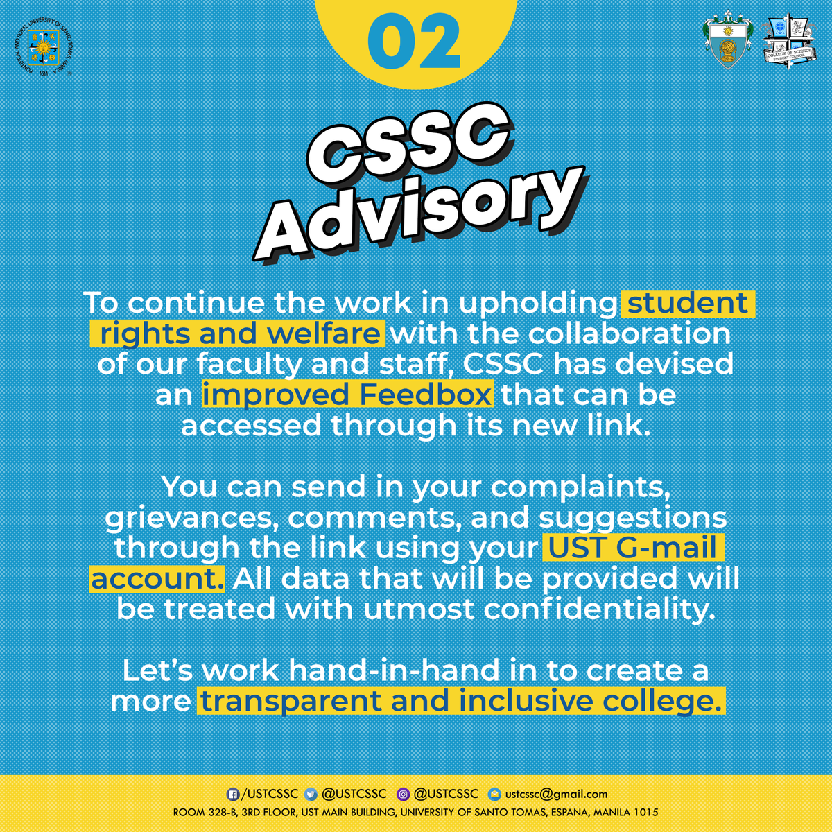 USTCSSC's tweet photo. CSSC Advisory No. 1
Re: CSSC FeedBox 

The College of Science Student Council, true to its thrust and mandate, shall continue to TranSCIend borders, ParaSCIyo. 

(1/4) https://t.co/X8dFVzFgPg