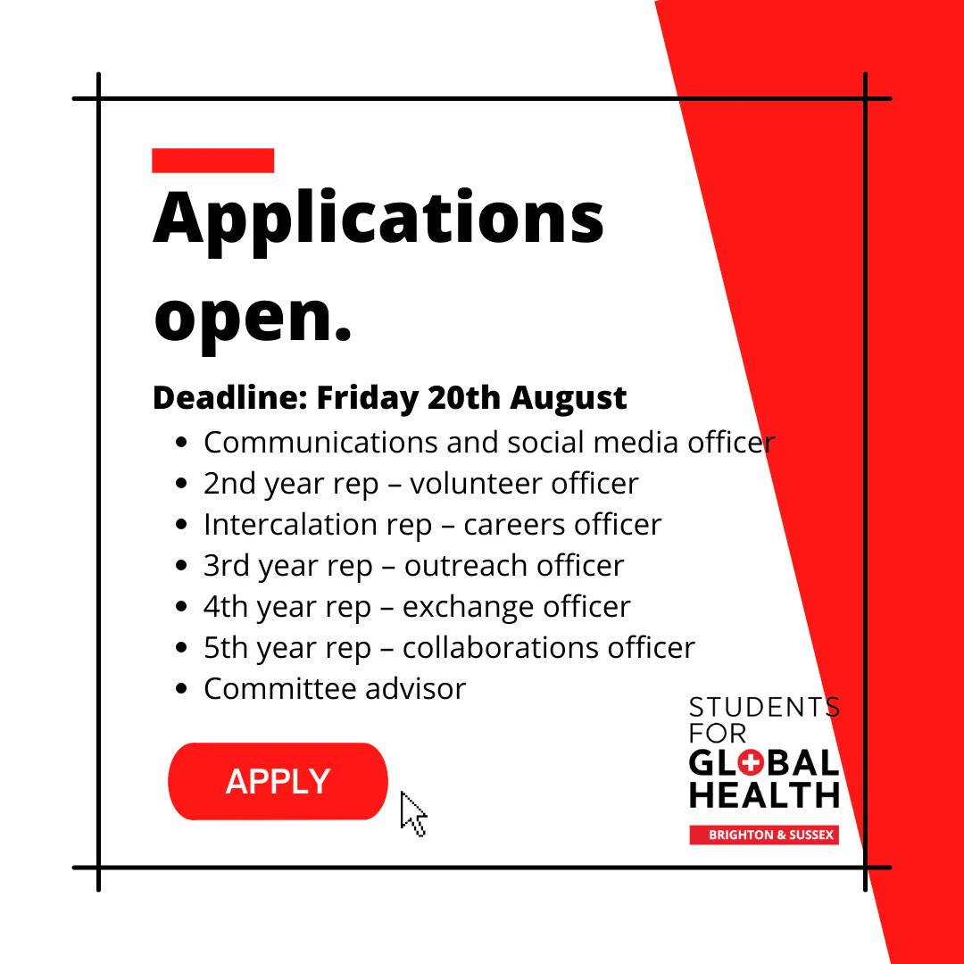 SfGH_BSMS's tweet photo. Students for Global Health BSMS are now RECRUITING!
Ready to join a team tackling global and local health inequalities through education, advocacy and community action? Follow the link below, applying only takes 5 minutes!

https://t.co/TQzO1P4Bn4 https://t.co/2i57HShc4E