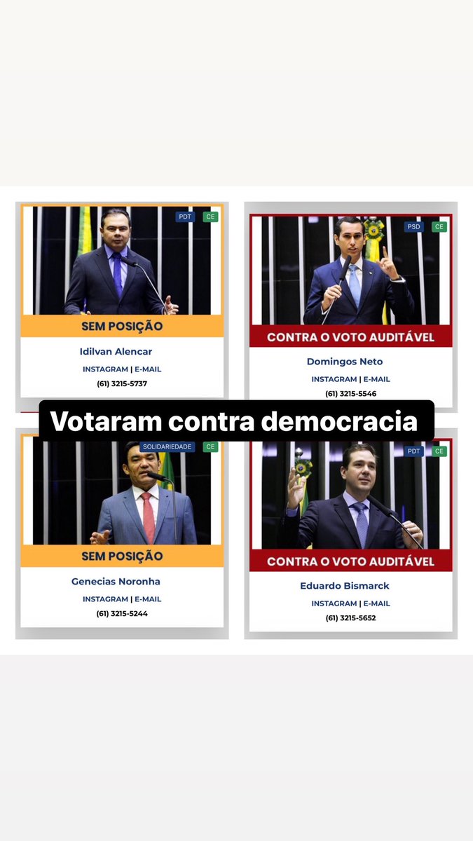BarcelosVicente's tweet photo. Todos estes votaram contra a democracia. Aqueles que se ausentaram são os piores! #UltimoMandatoPraElesDoCeara #RT https://t.co/Oi6GshzOgw