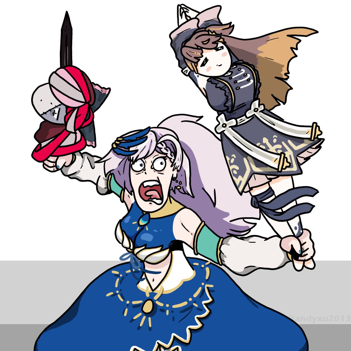 sooo when i first heard about the gen 2 #holoID character concept, the first thing i thought of was this (just got time to draw it) dual wielding <a href="/pavoliareine/">Pavolia Reine (レイネ)🦚hololiveID ホロライブID</a> with <a href="/anyamelfissa/">Anya Melfissa(アーニャ)🍂@ホロライブID | 新曲「CHRONIC」リリース！</a> and <a href="/kureijiollie/">Kureiji Ollie ( オリー) 🧟‍♀️ @ホロライブID</a> as the blades :P #graveyART #hololive #Kureiji_Ollie #Reinessance #anyatelier