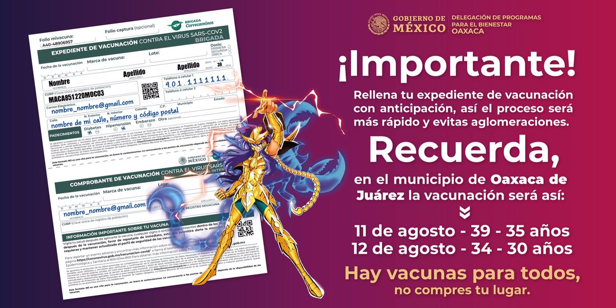BienestarMxOax's tweet photo. Jóvenes de 35 a 39 años que se vacunan hoy en Oaxaca de Juárez, recuerden llevar el expediente de vacunación ya requisitado, de esa manera el proceso será más rápido y evitamos aglomeraciones. 💉
#MeVacunoXOaxaca https://t.co/hDRxVD6evb