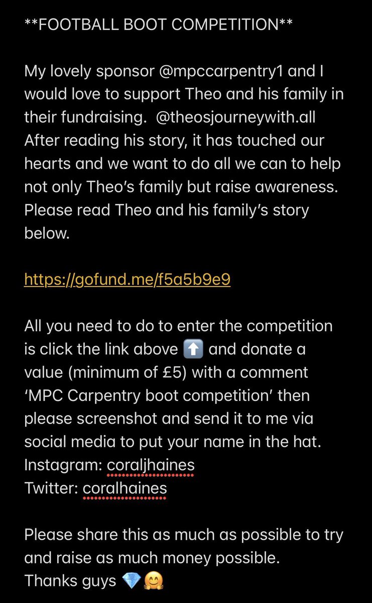 **COMPETITION TIME..WIN A FREE PAIR OF FOOTBALL BOOTS WORTH UP TO £250** @malc7479 

Please read Theo and his family’s story and donate using this link: gofundme.com/f/theos-all-jo…

#acutelymphoblasticleukemia #childhoodcancer #childhoodcancerawareness #leukemiaawareness 

⬇️⬇️