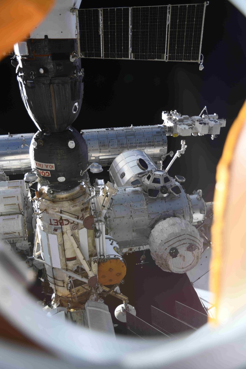novitskiy_iss's tweet photo. A view of the International @Space_Station that is a bit unusual and new for us. Hello everyone from the #Nauka module!

We continue to gradually unload it and are getting ready for spacewalks scheduled for September 2 and 8 to prepare our new module from the outside. https://t.co/cm2qqxymjM