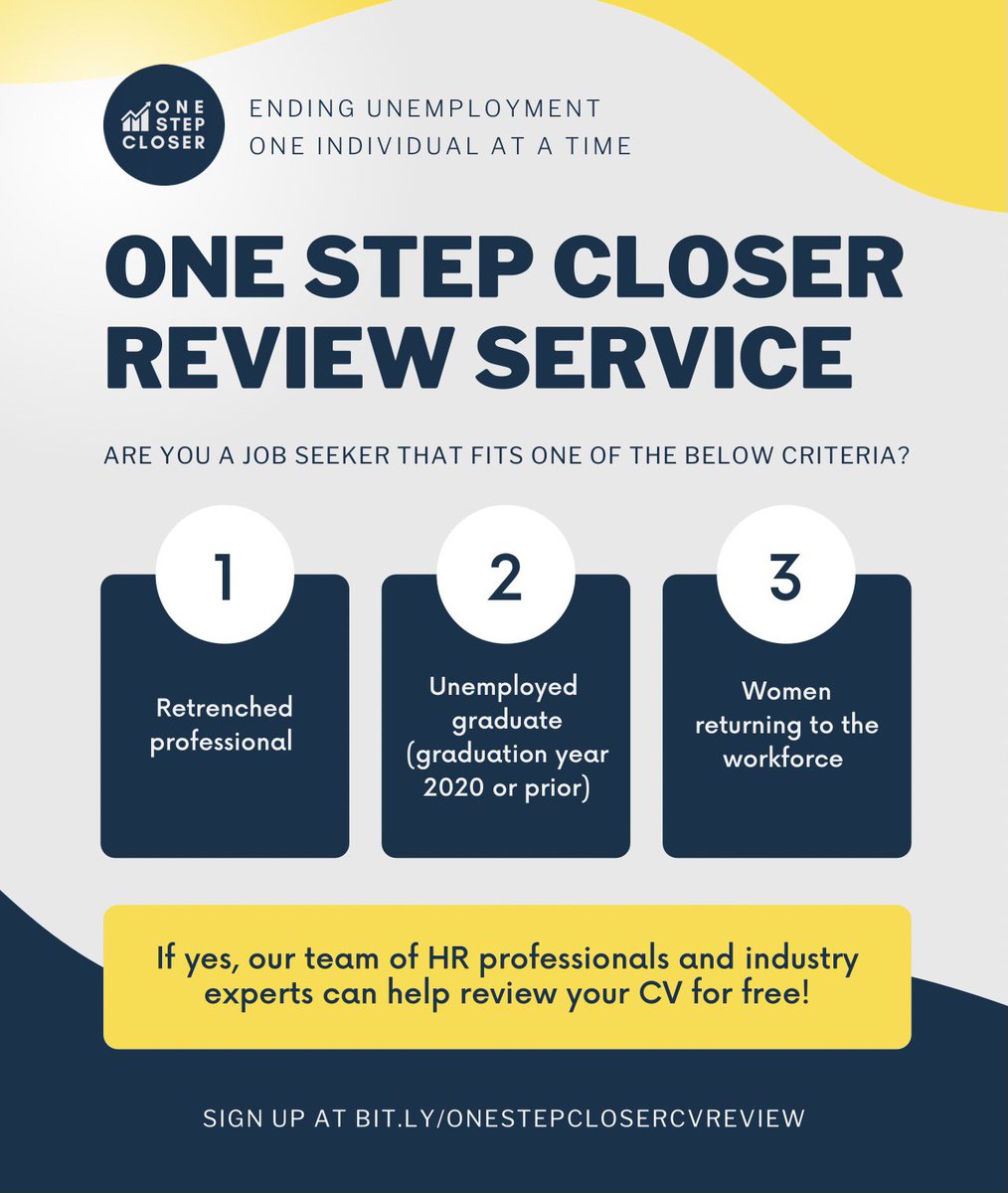 reviewbyyasmin's tweet photo. ANNOUNCEMENT: Our free CV review service is BACK for urgent jobseekers! ๐๐ป
Share this with your networks - you never know when it would help another.
https://t.co/8QUVlbxkPb
#OneStepCloserMY https://t.co/nsO6zsrXRv