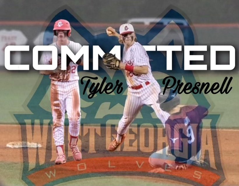 Tyler Presnell (@presnell_tyler) on Twitter photo I am proud to announce that I will be furthering my academic and athletic career at West Georgia University! I want to thank my family, teammates, and coaches who have helped me along the way! Go wolfs🐺!! <a href="/JeffreySmith03/">Jeffrey Smith</a> <a href="/PBRGeorgia/">Prep Baseball Georgia</a> <a href="/GeorgiaJackets/">Georgia Jackets</a> <a href="/CHSBaseWarriors/">Cherokee High School Baseball</a> I am proud to announce that I will be furthering my academic and athletic career at West Georgia University! I want to thank my family, teammates, and coaches who have helped me along the way! Go wolfs🐺!! <a href="/JeffreySmith03/">Jeffrey Smith</a> <a href="/PBRGeorgia/">Prep Baseball Georgia</a> <a href="/GeorgiaJackets/">Georgia Jackets</a> <a href="/CHSBaseWarriors/">Cherokee High School Baseball</a>