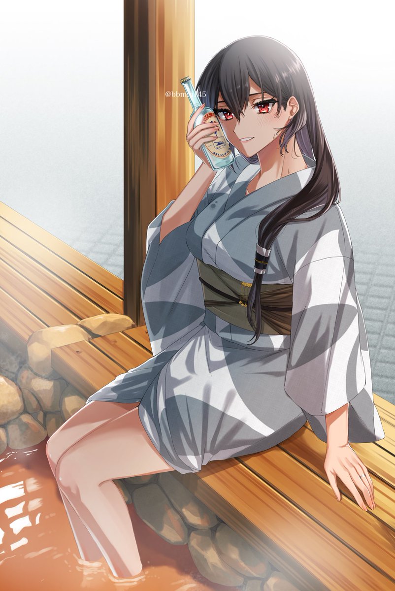 nagato (kancolle) 1girl solo japanese clothes long hair kimono red eyes holding bottle  illustration images