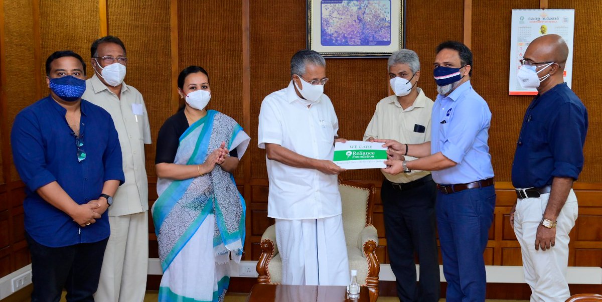 pinarayivijayan's tweet photo. Reliance Foundation has informed that they will donate 2.5 lakh doses of Covishield vaccine to Kerala. Interacted with their representatives today. @ril_foundation's gesture of solidarity will undoubtedly strengthen our vaccination drive. Heartfelt thanks. https://t.co/d1WppE7VB4