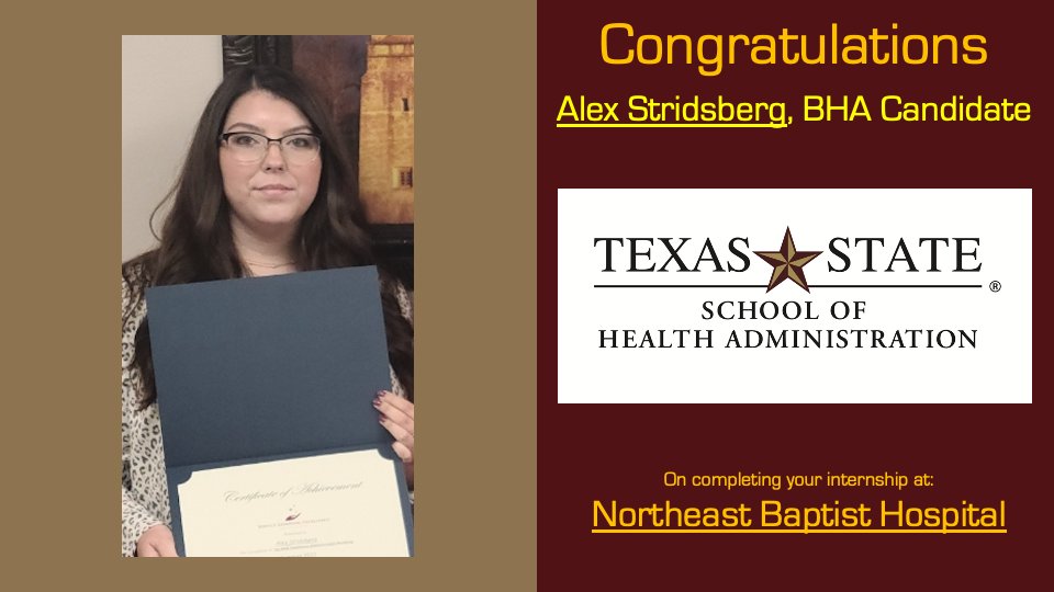 Congratulations to BHA Candidate, Alex Stridsberg!  She just successfully completed her residency at Northeast Baptist Hospital.  Another SOHA Bobcat ready for the field!  #txst #txstsoha #TexasStateServiceLearning #txstservice_learning #txstsle #baptisthealthSA #BaptistHealthSA