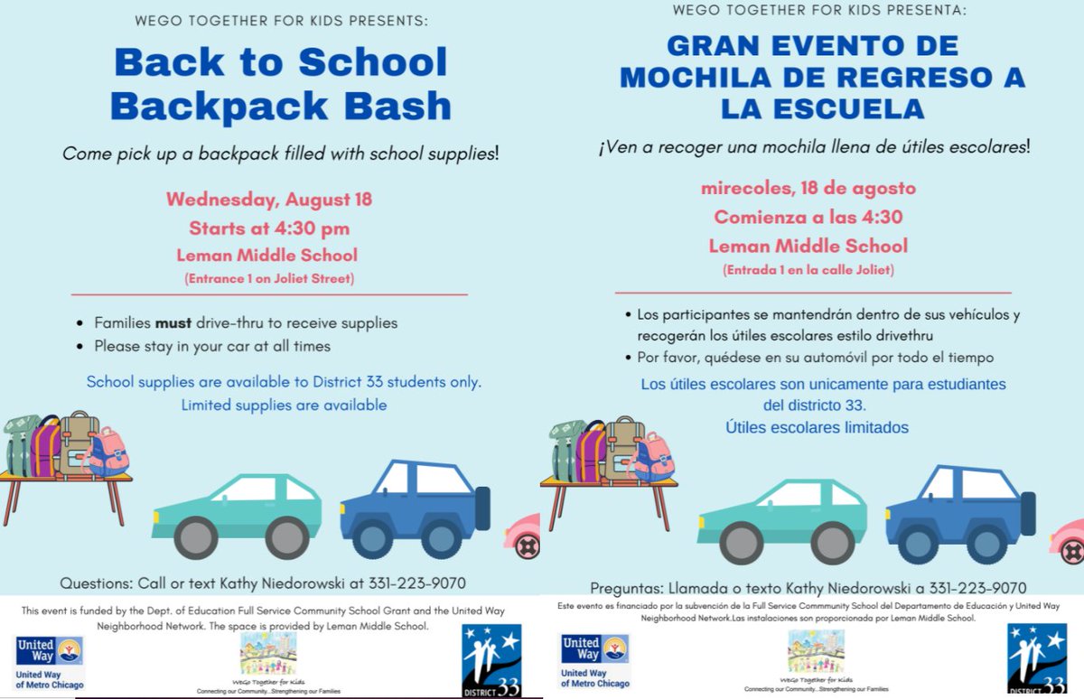 We are a week away from our annual school supply event! Help us spread the word that families must be in a car to participate, cars can NOT start lining up until 3:30pm and we will NOT start early. Thank you!