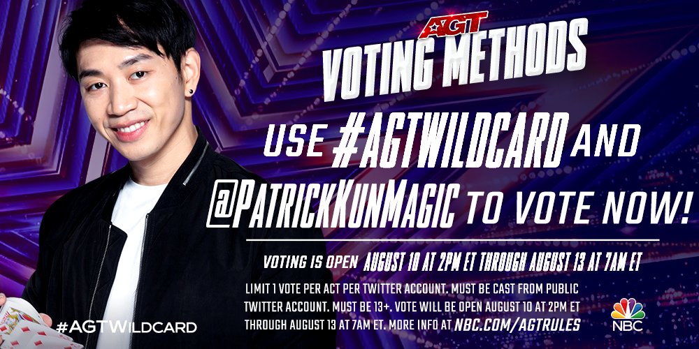 Get those votes in! Help send #AGTWildcard <a href="/PatrickKunMagic/">Patrick Kun</a> to the live shows by retweeting NOW! ✔️