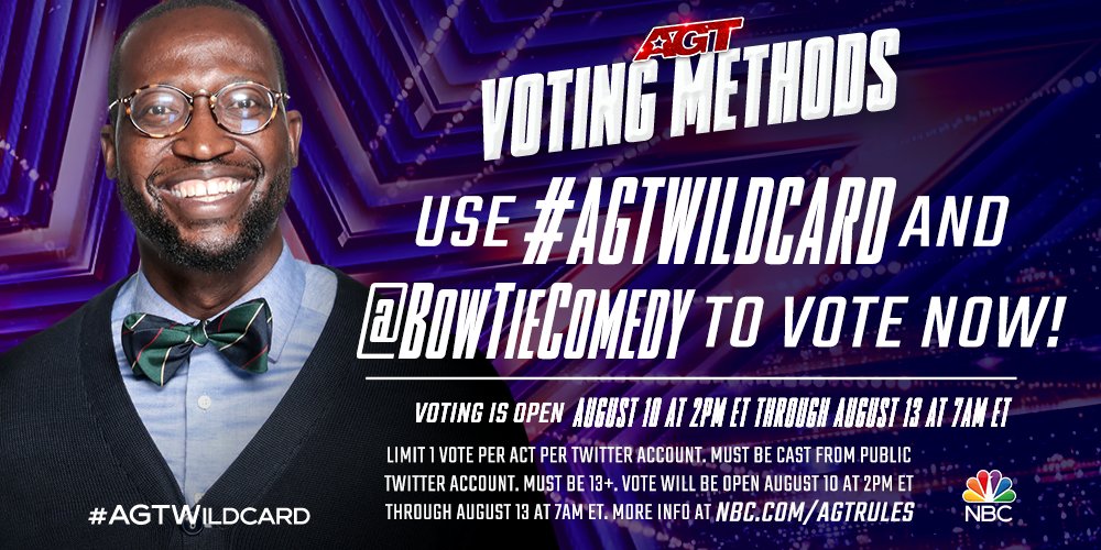 America’s Got Talent (@agt) on Twitter photo Get those votes in! Help send #AGTWildcard <a href="/BowtieComedy/">ComedianMike Goodwin</a> to the live shows by retweeting NOW! ✔️ Get those votes in! Help send #AGTWildcard <a href="/BowtieComedy/">ComedianMike Goodwin</a> to the live shows by retweeting NOW! ✔️
